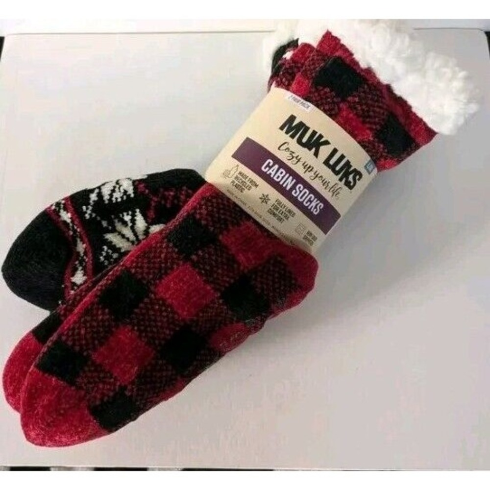 MUK LUKS Unisex Cabin Socks 2 pk L/XL 8-10 Red Black Buffalo Plaid Non Skid Grip